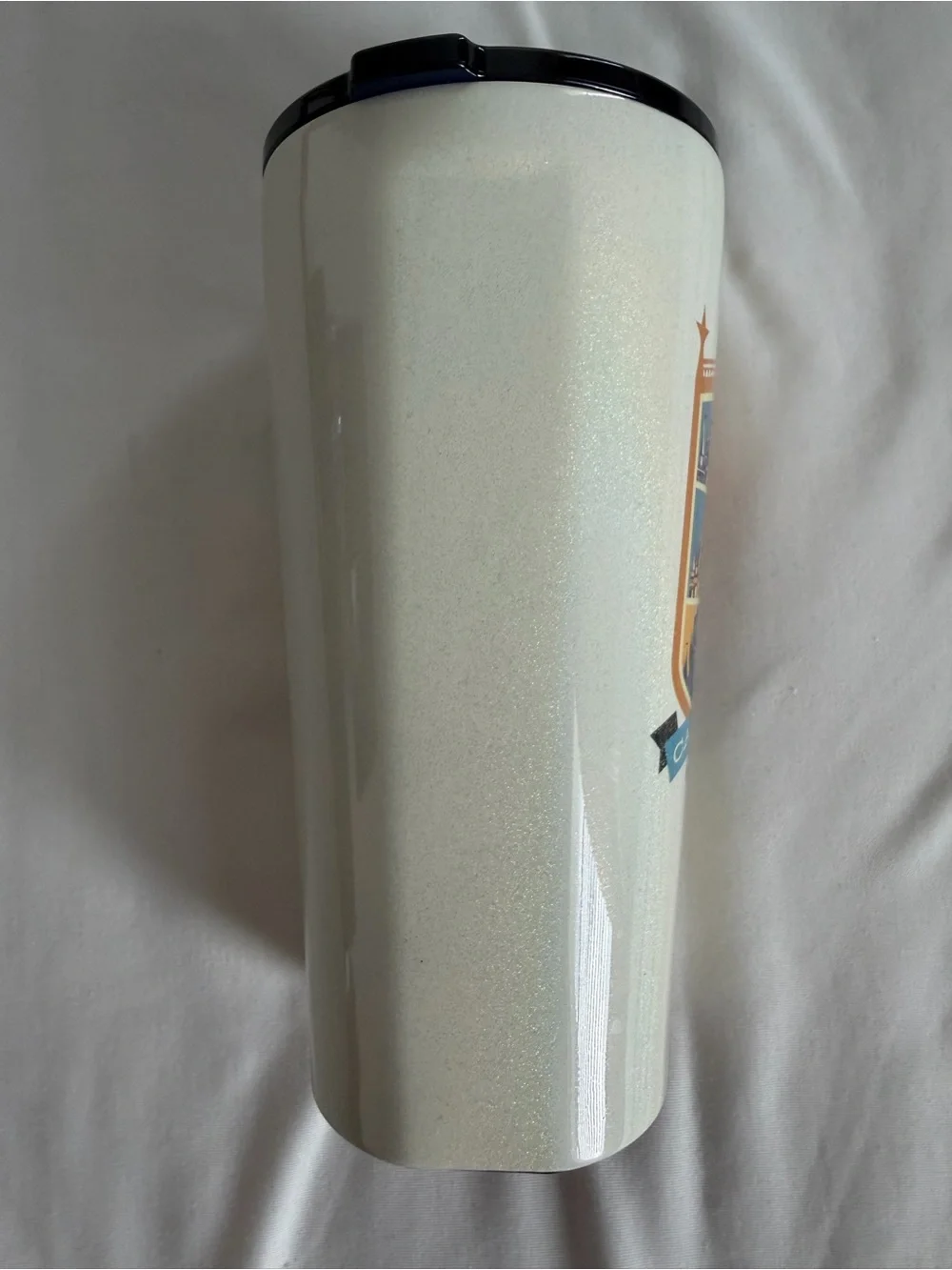 Disney White Glitter Corkcicle Tumbler with Multicolor Castle Crest